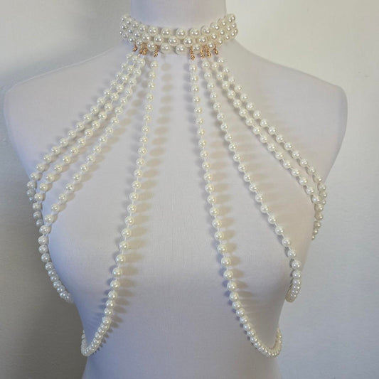 Luxury Pearl Body Chain Harness – Statement Choker Necklace with Multi-Layer Beads