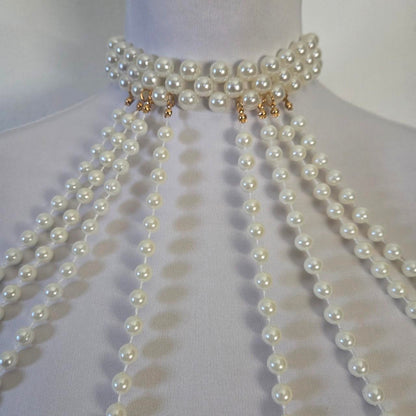 Luxury Pearl Body Chain Harness – Statement Choker Necklace with Multi-Layer Beads