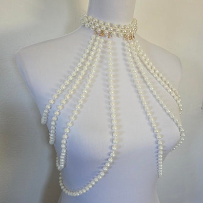 Luxury Pearl Body Chain Harness – Statement Choker Necklace with Multi-Layer Beads